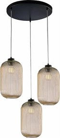 Lampa wisząca Krizia żelazo czarne regulowane kable klosze szkło bursztynowe dmuchane wzór paski 3 lampy