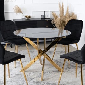 Stół Okrągły Szklany BALI 100 cm Czarny Marmur/Złoty Glamour