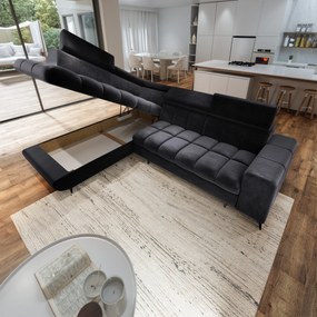 Masseno Narożnik MORIVA z funkcją spania i pojemnikiem na pościel Narozniki L, Rozkładana sofa - Czarny, MONOLITH 95