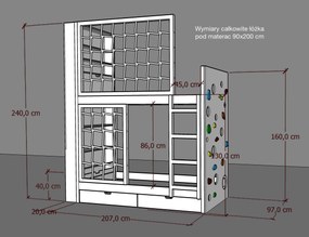 Łóżko piętrowe Marulla 113P z drabinką, ścianką wspinaczkową i panelami sznurkowymi