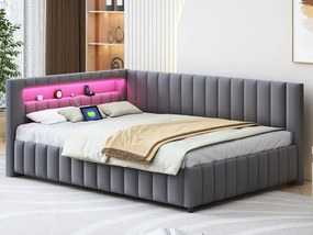 Łóżko z tapicerowanym welurowym zagłówkiem - 140x200cm - z oświetleniem LED i gniazdem USB - Szare (materac nie jest w zestawie)