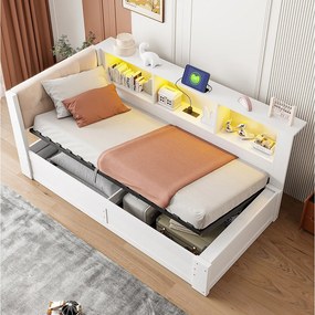 Łóżko z pojemnikiem 90x200 cm białe drewniane, boczny schowek, półka, oświetlenie LED, port USB, bez materaca