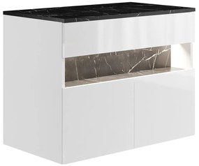 Szafka pod umywalkę wisząca z oświetleniem LED i blatem - Biały i czarny z efektem marmuru - szer. 80 cm - POZEGA