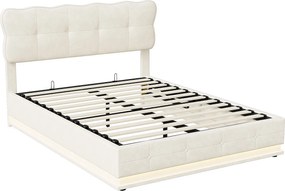 Łóżko z pojemnikiem dla dorosłych 140x190 cm z beżowego aksamitu z hydraulicznym schowkiem i wbudowanym oświetleniem LED