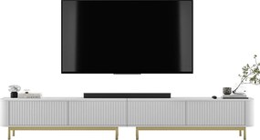 Szafka RTV 4-drzwiowa, fronty ryflowane, biały mat, złote metalowe nogi, 280 cm - AURORA