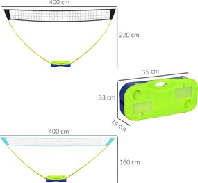 SPORTNOW Zestaw Siatka do Badmintona Zestaw Siatka do Siatkówki, 3-częściowy, 400 cm x 22,4 cm x 155 cm, Czarny + Niebieski + Zielony