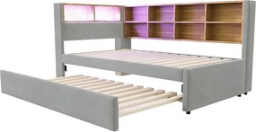 Łóżko dzienne 90 x 200 cm - łóżko wysuwane 90 x 190 cm z oświetleniem LED i dużą ilością miejsca do przechowywania - flanela jasnoszara