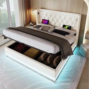 Łóżko ze schowkiem 180x200 cm - biały PU - łóżko dwuosobowe z ładowaniem przez USB i oświetleniem przez LED - bez materaca