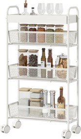 HOMCOM Wózek kuchenny metalowy, 3 kosze, wąski design, 4 koła, do kuchni, salonu, łazienki, biały