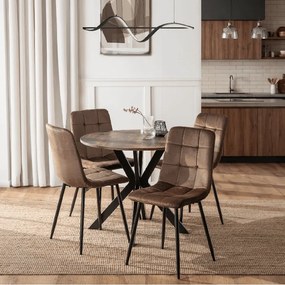 Zestaw Stół Okrągły LAUREN 90 cm Dąb Rustykalny/Czarny i 4 Krzesła PERU Brązowe Welurowe