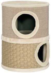 PawHut Beczka do drapania, wysokość 49 cm, Ø35,5 cm dwupoziomowa beczka z obszyciem z pluszu mata do drapania, 2 kryjówki Khaki+Kawowy