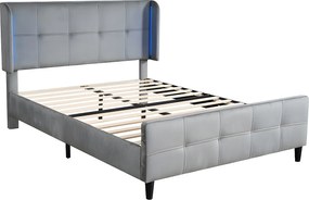 Łóżko podwójne tapicerowane welurem - 140x200 cm - z taśmą LED w 16 kolorach - regulowane wezgłowie - Szare