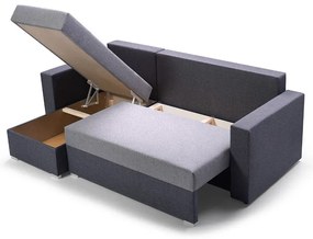 Sofa narożna z pojemnikiem na pościel i poduszkami dekoracyjnymi, fioletowo - szara, Marco