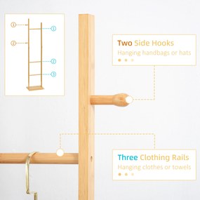 HOMCOM Nowoczesny stojak na ubrania, 2 haki &amp; 3 drążki, solidny bambus, 36x24x168 cm, naturalny