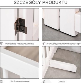 PawHut Bramka Zabezpieczająca dla Psów 4-elementowa, 220 x 91 cm Składana Bramka z Drzwiami, Wolnostojąca, z 2 Podpórkami, Ażurowa, Drewniana, na Korytarz, Kuchnię, Schody, Biała