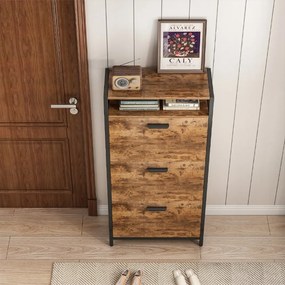 Brązowa rustykalna szafka na buty w stylu loft 60x130x30 cm - 3 półki, MDF + metal, industrialny design