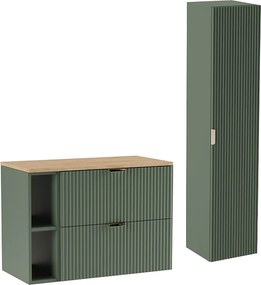 Zielony Zestaw Łazienkowy 80cm Szafka Blat Orzech Regał Słupek Ryflowane Fronty