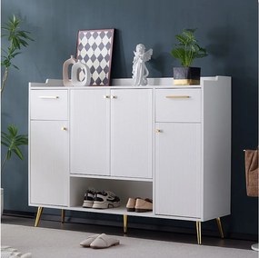 Szafka na buty z 2 szufladami i 4 drzwiami - 130 x 37 x 100 cm - nogi metalowe i płyta wiórowa - biała