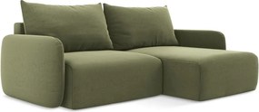 Zielony aksamitny rozkładany/ze schowkiem narożnik (prawostronny/z szezlongiem) Kalena – Makamii
