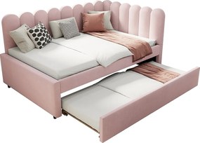 Łóżko dzienne 140 x 200 cm - łóżko dla dorosłych z wysuwanym łóżkiem i stelażem z listew - różowy aksamit - materac nie jest w zestawie.