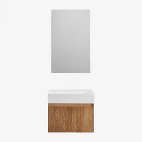 Zestaw Drewnianych Mebli Łazienkowych Aldeia Ze Zintegrowaną Umywalką Ciemna Czerń & Prostokątny Led I Przeciwmgielny 60x90 Cm Kirvex - Sklum