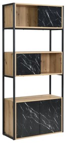 Biblioteczka z 4 drzwiczek i 2 wnękami z MDF i stali - Efekt czarnego marmuru i naturalny - YELANIA