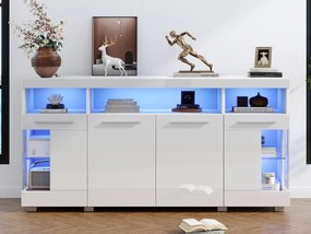 Nowoczesny bufet LED - 4 drzwi i 9 przegródek do przechowywania - MDF + przezroczyste szkło hartowane - Biały