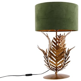 Vintage lampa stołowa złota z welurowym kloszem w kolorze zielonym 35 cm - Botanica Rustykalny / Vintage Oswietlenie wewnetrzne