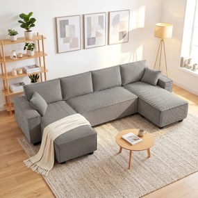 HOMCOM Narożnik z podwójnymi szezlongami, sofa w kształcie litery U z sztruksu, szerokie i głębokie siedzisko, sprężyny kieszeniowe, Jasnoszary | Aosom PL