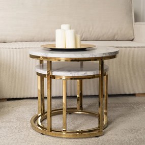 Zestaw Stolików Kawowych OLIS 43 cm/53 cm Biały Marmur Złoty do Salonu Glamour