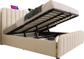 Łóżko tapicerowane dwuosobowe ze schowkiem - 180 x 200 cm - z zagłówkiem + USB + schowek hydrauliczny - len - beżowe (z materacem)