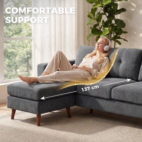 HOMCOM Sofa narożna 192 cm w kształcie L 3-osobowa z odwracalną szezlongą, wygląd sztruksu, do małego pomieszczenia, Ciemnoszary | Aosom PL