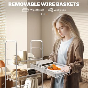 HOMCOM Kuchenny wózek z 5 drucianymi koszami, 4 haczykami, 4 kółkami i 2 uchwytami, stal/plastik, 45x26,5x106 cm, biały | Aosom PL