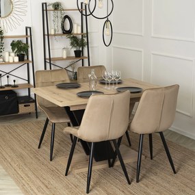 Zestaw Stół Prostokątny Rozkładany CLARK 120-160 cm Dąb Artisan/Czarny i 4 Krzesła Tapicerowane do Jadalni RIO Beżowe Welurowe