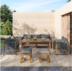 Zestaw mebli ogrodowych modułowy ocynkowany stalowy dla 7 osób - sofa 3-osobowa i 2 sofy pojedyncze + stolik kawowy i 2 hokery - szary