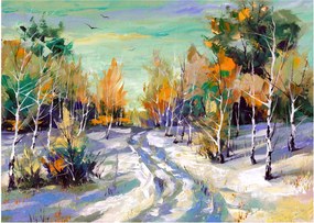 Obraz na szkle - Zaśnieżona ścieżka przez las, obraz olejny (70x50 cm)