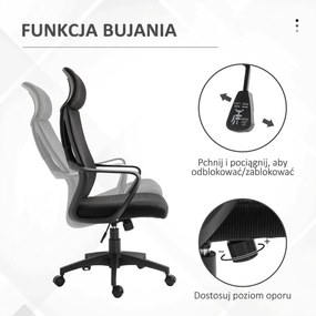 Vinsetto Krzesło Biurowe, Krzesło Biurkowe z Funkcją Bujania, Regulowane z Podparciem Głowy, Wsparciem Lędźwiowym - Czarny