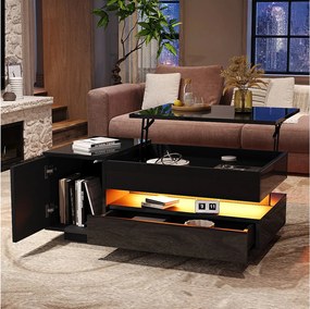 Stolik kawowy podnoszony - 95 x 50 x 34,5 cm - z 1 szufladą + 1 drzwiami + diodami LED - płyta wiórowa - czarny