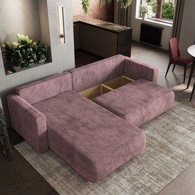 Masseno Narożnik TURIN z funkcją spania i pojemnikiem na pościel Narozniki L, Rozkładana sofa - Wrzosowy, POSO 130