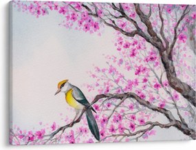 Obraz - ptak na drzewie z różowymi kwiatami (70x50 cm)