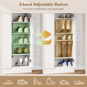 HOMCOM Szafka na buty z 10 półkami na 25-30 par butów, Otwory wentylacyjne, Drzwi z funkcją Soft-Close, MDF, Biały