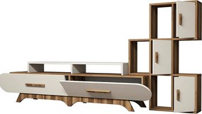 Nowoczesna szafka RTV z półką ścienną – 205 x 50 x 36,8 cm – Orzech i krem ​​– Powłoka melaminowa w 100%