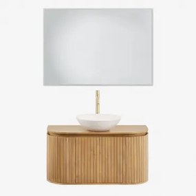 Zestaw Wiszących Mebli Łazienkowych 90x40 Cm Z Drewna Mango Analis Drewno Mango & Cement Okrągły Biały Ø40 Cm Zavion & Prostokątna Lampa Led I Przeciw