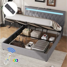 Łóżko ze schowkiem 180x200 cm - Szary len - łóżko dwuosobowe z oświetleniem LED i ładowaniem przez USB - bez podstawy