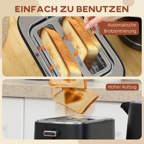 HOMCOM Zestaw czajnik 1,7 L i toster z 6 stopniami zrumienienia, Czarny/Stal