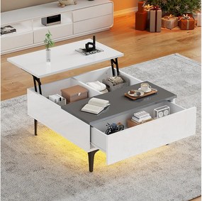 Stolik kawowy regulowany - 70 x 70 x 35 cm - z 1 szufladą + ukryte półki + diody LED - MDF - biały