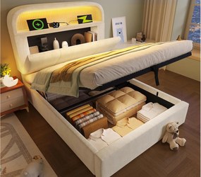 Tapicerowane łóżko z pojemnikiem 90x200 cm - z oświetleniem LED - z portami USB i Type-C - z regulowanym wezgłowiem - welur - Beżowy