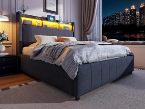 Lniane wyściełane łóżko skrzyniowe ze schowkiem 140x200cm - z diodami LED + gniazdkami - Szare