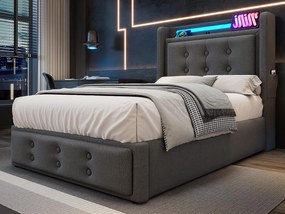 Łóżko z pojemnikiem 90x200cm z tkaniny lnianej - z LED i portami ładowania - Szare