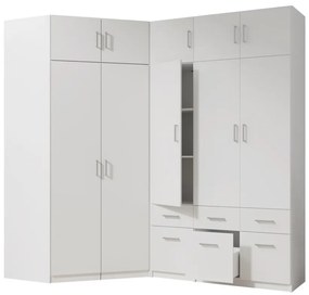 Szafa narożna 5-drzwiowa z 6 szufladami - szer. 254 cm - Biały + Nadstawki - BELOMY